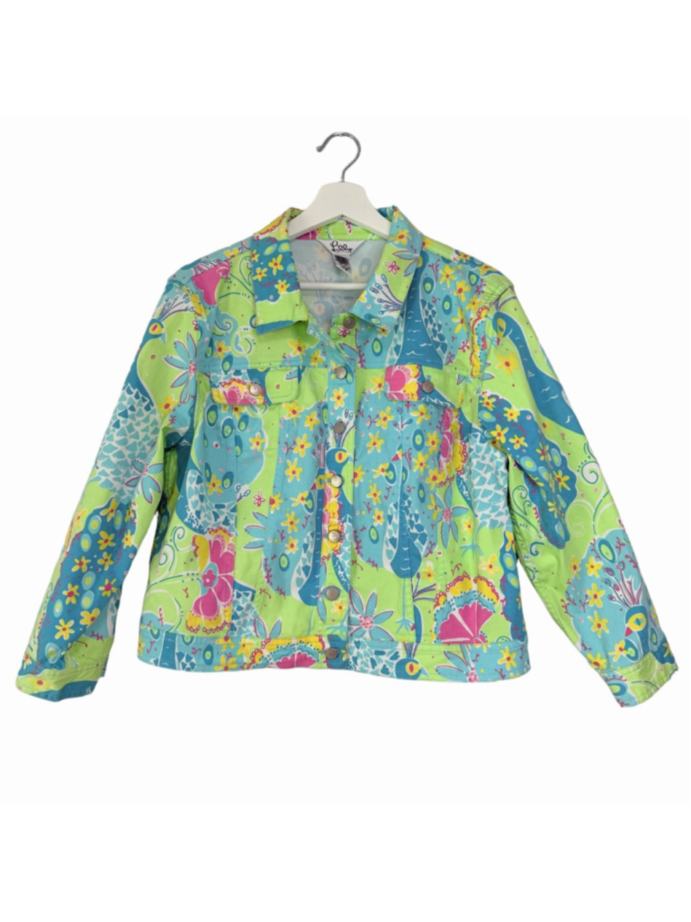 Lilly Pulitzer Vintage White Label Peacock Print Jean Jacket Size L Green Blue